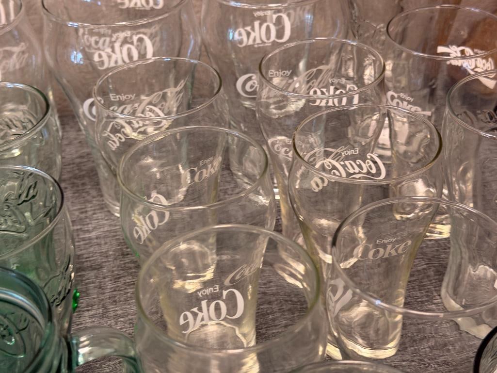 ASSORTMENT OF CLEAR AND AQUA COLORED GLASS COCA-COLA DRINKING GLASSES - 5