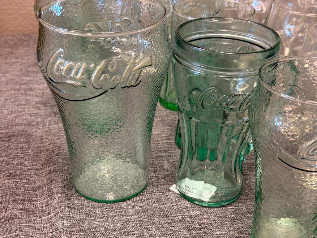 ASSORTMENT OF CLEAR AND AQUA COLORED GLASS COCA-COLA DRINKING GLASSES - 6