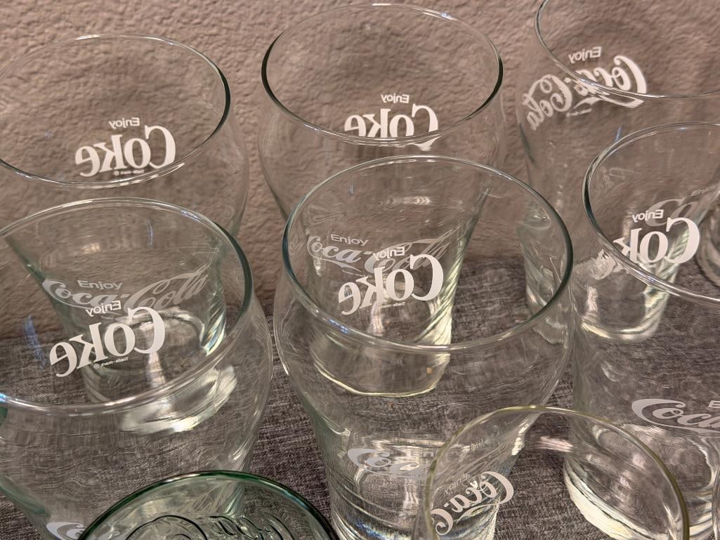 ASSORTMENT OF CLEAR AND AQUA COLORED GLASS COCA-COLA DRINKING GLASSES - 8