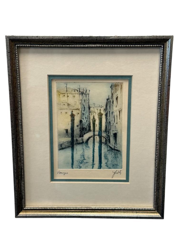 20TH CENTURY MINIATURE COLOR ETCHING OF VENETIAN CANAL TITLED VENEZIA SIGNED: ART DEPICTS VENETIAN CANAL, SIGNED LOWER RIGHT, FRAMED 7 1/4" X 8 3/4" FRAME