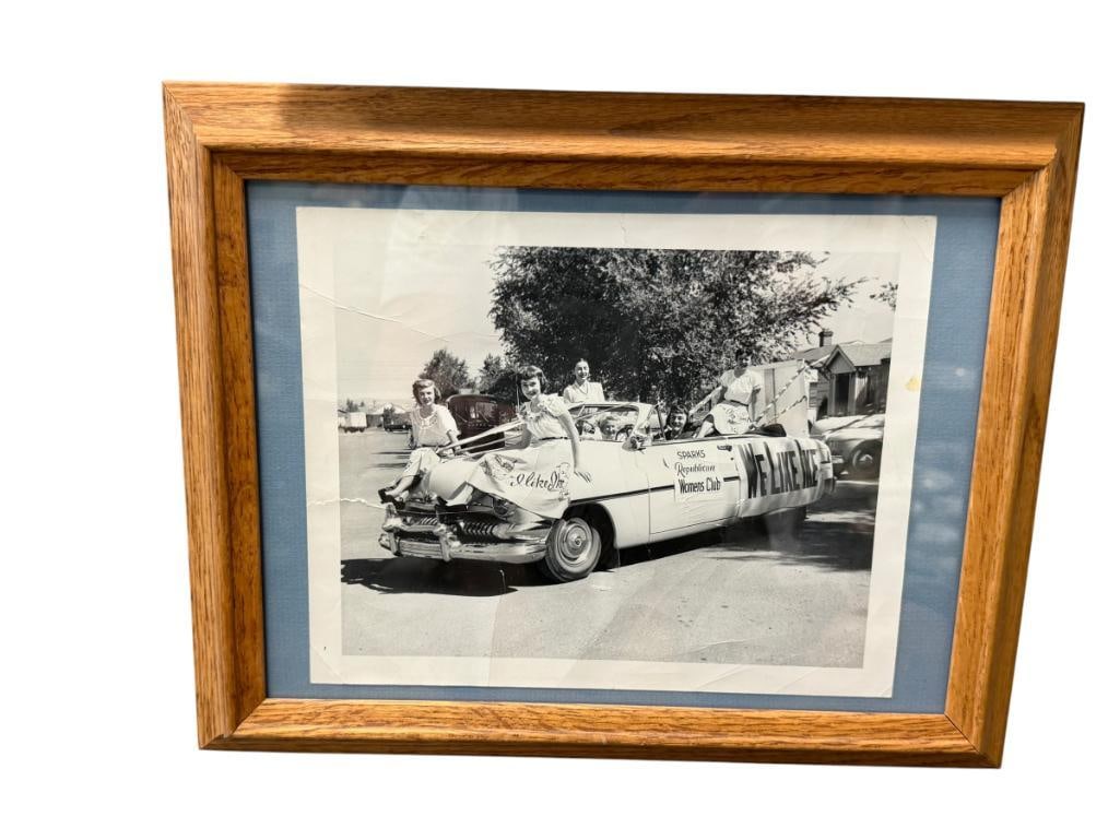 GROSS PHOTO 1950'S POLITICAL PHOTOGRAPH DWIGHT D. EISENHOWER I LIKE IKE SPARKS, NV WOMENS CLUB: GROSS PHOTO WAS A RENO, NV PHOTOGRAPHER, DEPICTS BLACK AND WHITE PHOTOGRAPH OF SPARKS REPUBLICAN WOMENS CLUB POSING IN VINTAGE AUTOMOBILE, MARKED ON THE BACK, FRAMED 14 1/2" X 11 1/2" FRAME 