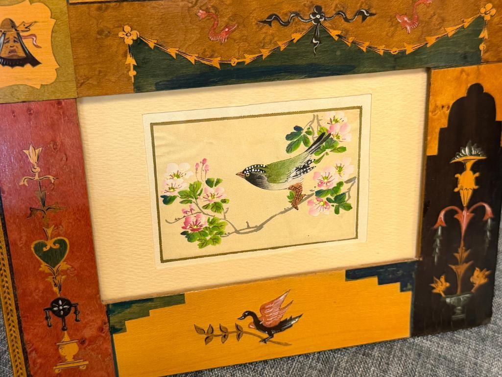 20TH CENTURY ORIGINAL MINIATURE PAINTING ON SILK OF PERCHED BIRD AND FLOWER IN INTRICATE FRAME - 2