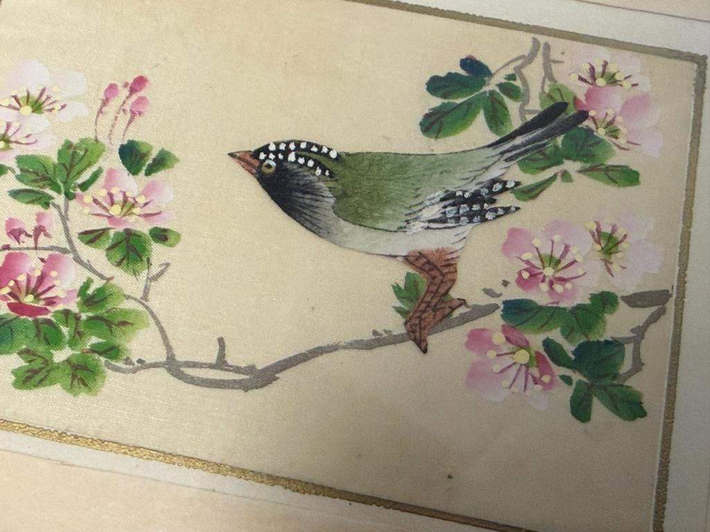 20TH CENTURY ORIGINAL MINIATURE PAINTING ON SILK OF PERCHED BIRD AND FLOWER IN INTRICATE FRAME - 3