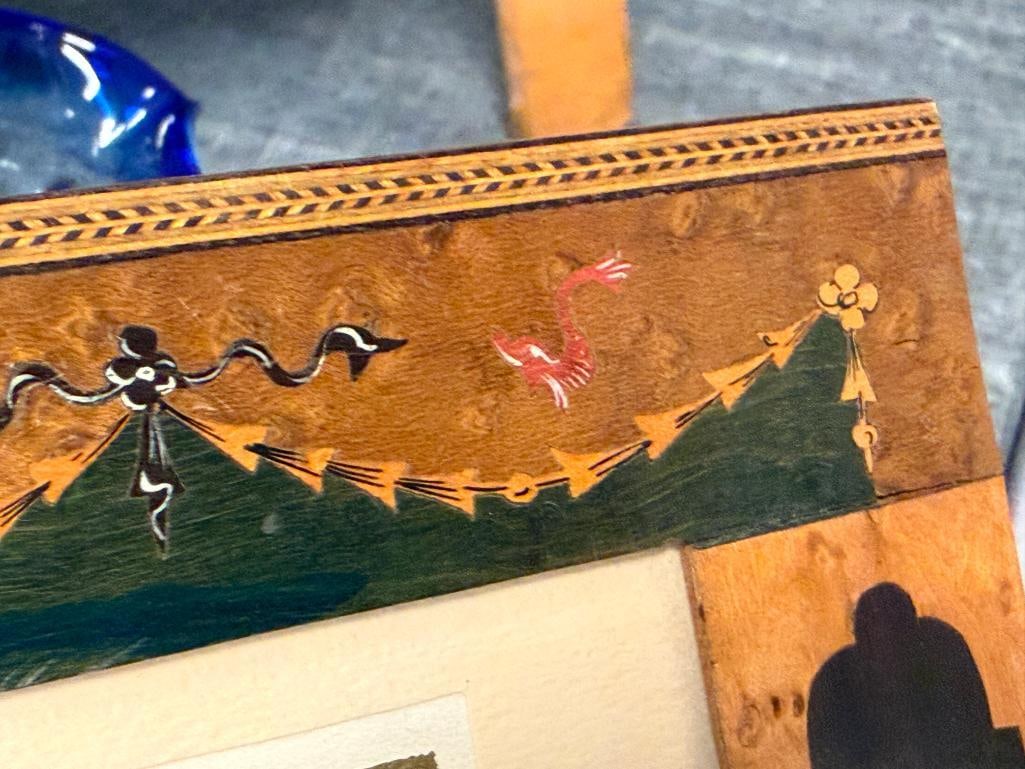 20TH CENTURY ORIGINAL MINIATURE PAINTING ON SILK OF PERCHED BIRD AND FLOWER IN INTRICATE FRAME - 5