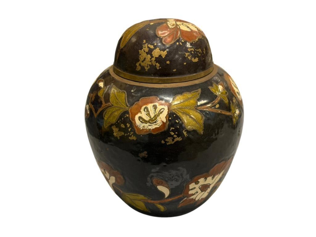 VINTAGE CHAMPLEVE ENAMELED GINGER JAR WITH LEAF AND FLORAL DESIGN: BROWN ENAMELED JAR WITH LID, ENAMELING DOES HAVE SHOW PAINT WEAR 5 1/2" H