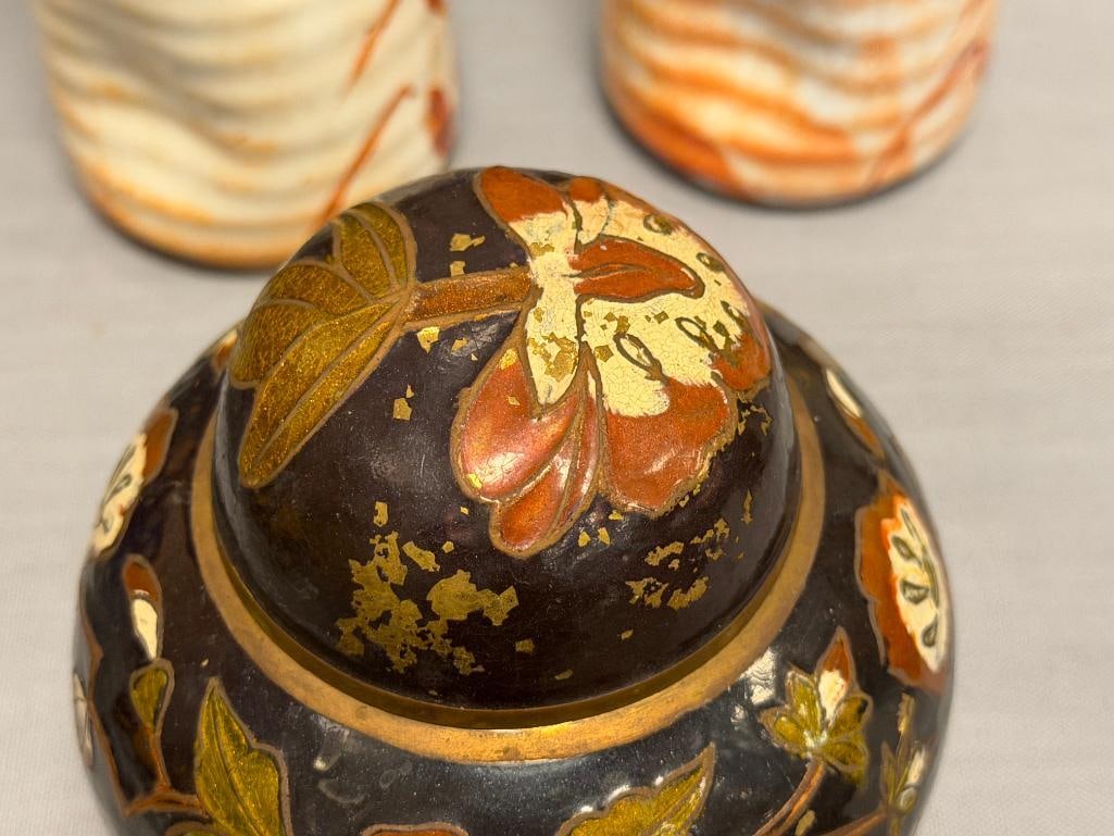 VINTAGE CHAMPLEVE ENAMELED GINGER JAR WITH LEAF AND FLORAL DESIGN - 3