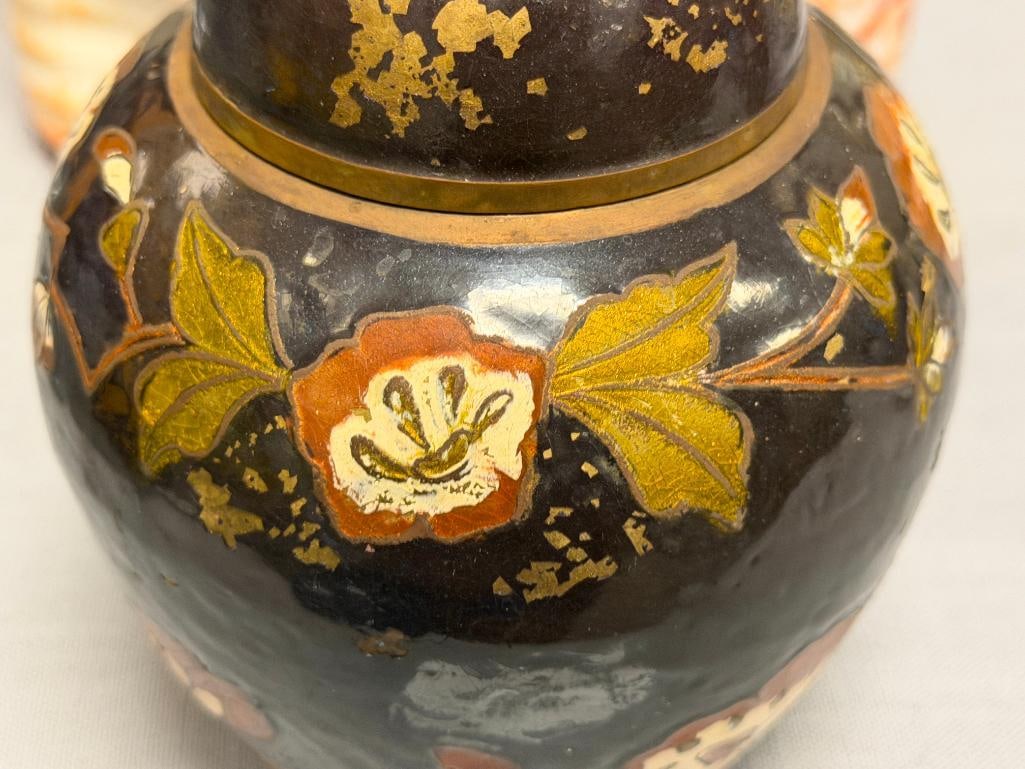 VINTAGE CHAMPLEVE ENAMELED GINGER JAR WITH LEAF AND FLORAL DESIGN - 4