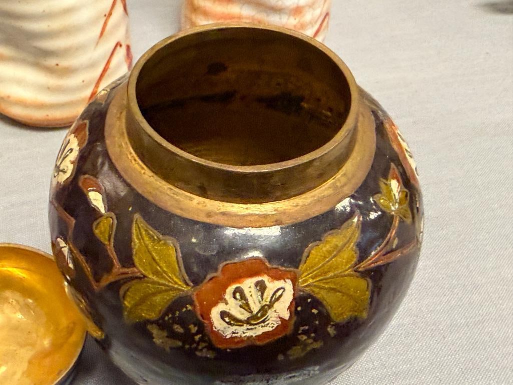 VINTAGE CHAMPLEVE ENAMELED GINGER JAR WITH LEAF AND FLORAL DESIGN - 5