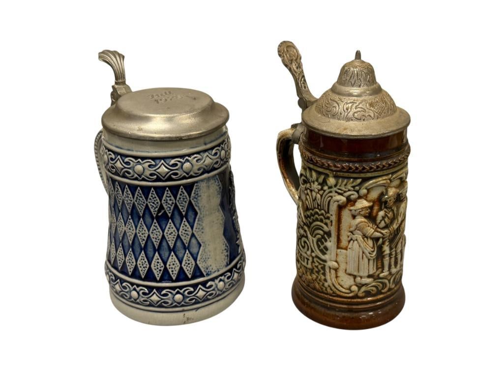 VINTAGE GERZ GERMAN STONEWARE RELIEF BEER STEINS WITH PEWTER FLIP LIDS (1 of 12)