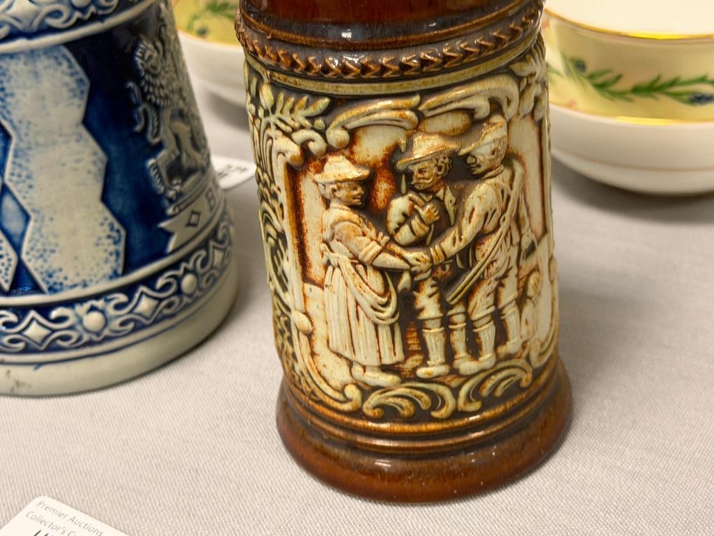 VINTAGE GERZ GERMAN STONEWARE RELIEF BEER STEINS WITH PEWTER FLIP LIDS - 2