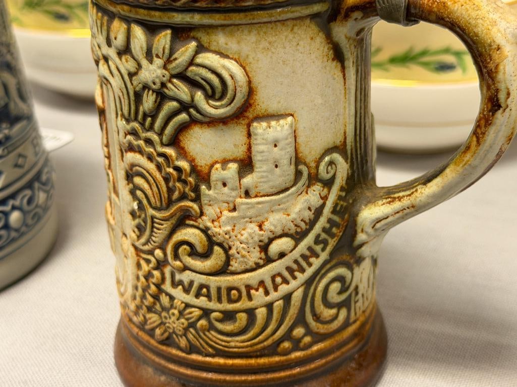 VINTAGE GERZ GERMAN STONEWARE RELIEF BEER STEINS WITH PEWTER FLIP LIDS - 3