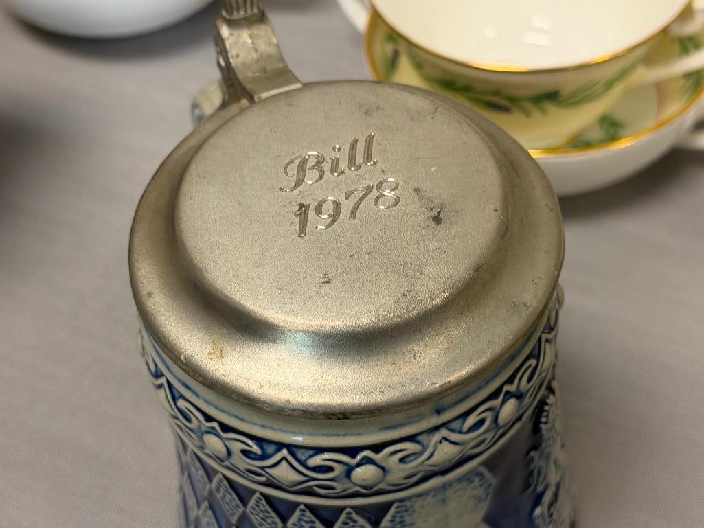 VINTAGE GERZ GERMAN STONEWARE RELIEF BEER STEINS WITH PEWTER FLIP LIDS - 6