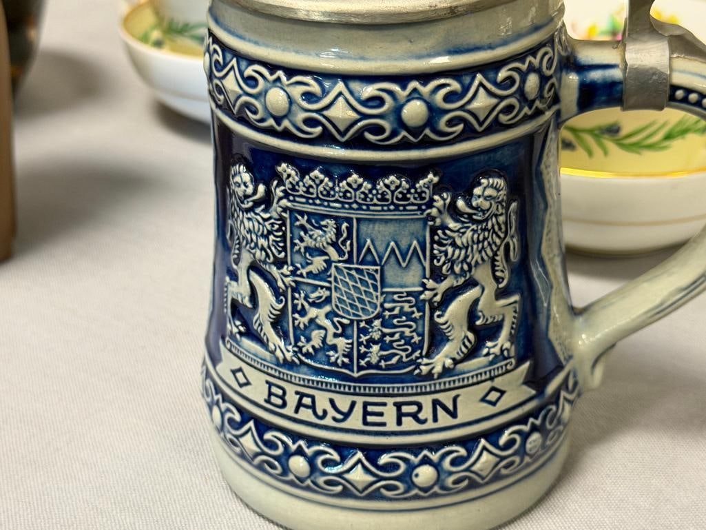 VINTAGE GERZ GERMAN STONEWARE RELIEF BEER STEINS WITH PEWTER FLIP LIDS - 7