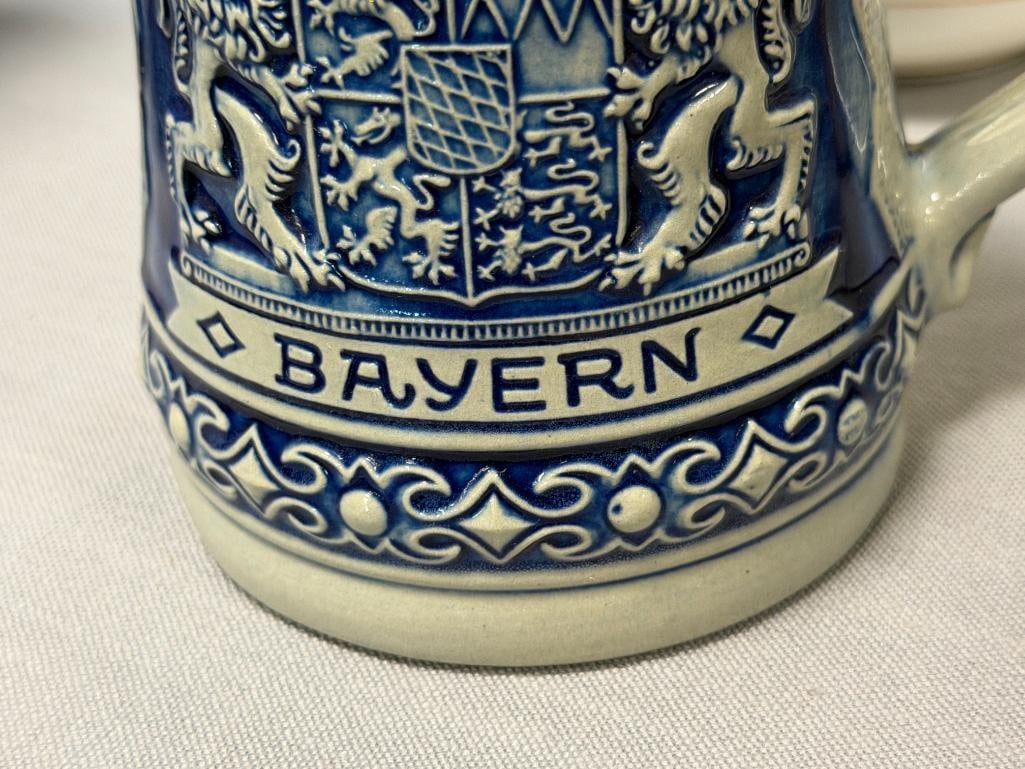 VINTAGE GERZ GERMAN STONEWARE RELIEF BEER STEINS WITH PEWTER FLIP LIDS - 8