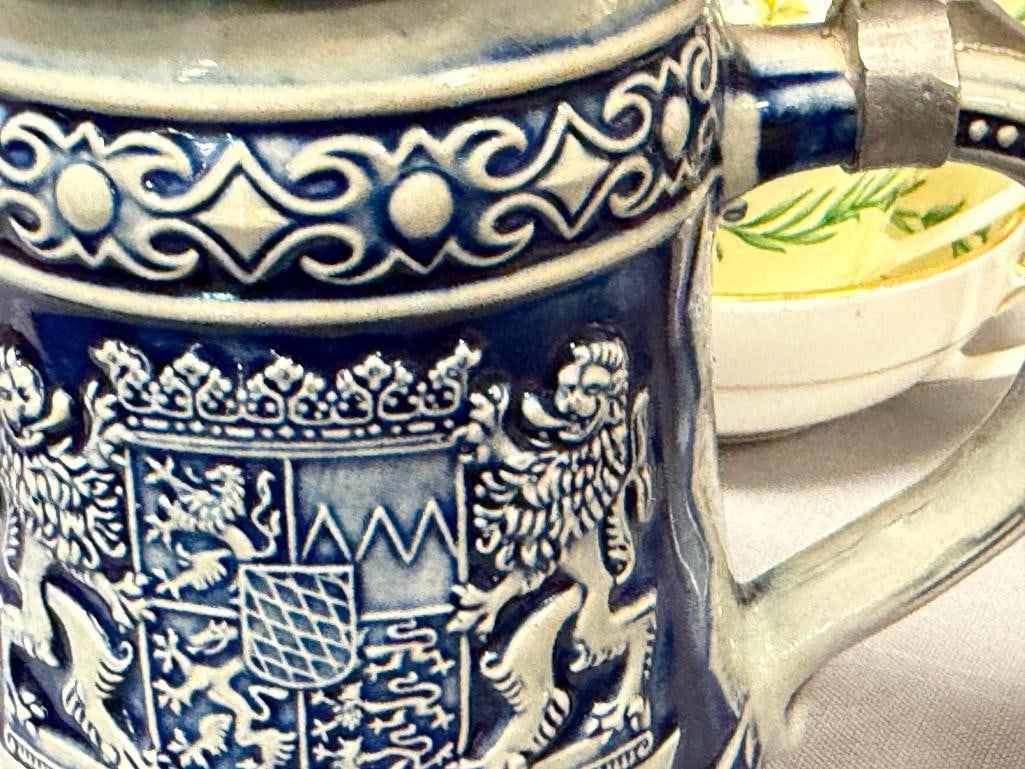 VINTAGE GERZ GERMAN STONEWARE RELIEF BEER STEINS WITH PEWTER FLIP LIDS - 9