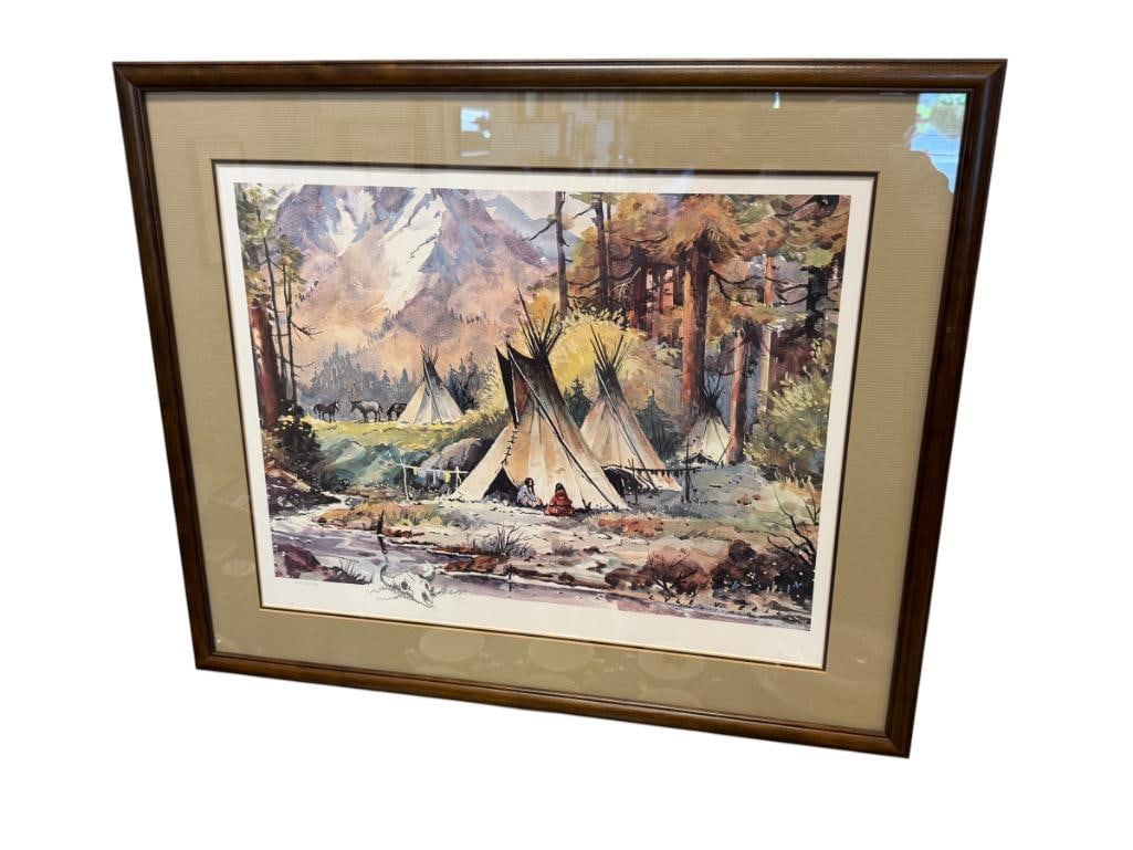 LYLE V. BALL PROLIFIC RENO, NV ARTIST LIMITED EDITION PRINT NO. 64/450: LYLE V. BALL (1909-1992) WAS A WELL-KNOWN ARTIST IN NEVADA KNOWN FOR CAPTURING ARCHITECTURE THROUGH HIS PAINTINGS, ART DEPICTS NATIVE AMERICAN CAMP GROUND WITH STEER SKETCH IN THE LOWER LEFT CORNER,