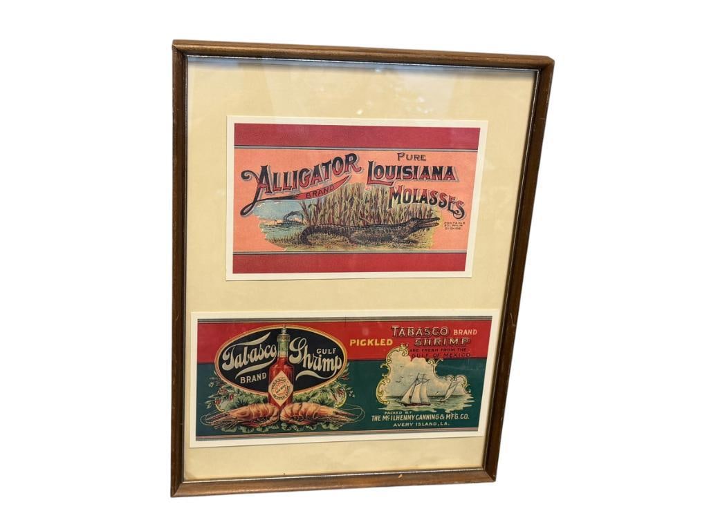 REPRODUCTION VINTAGE FOOD LABELS TOBASCO BRAND SHRIMP AND ALLIGATOR BRAND LOUISIANA MOLASSES: 12 1/2" X 17" FRAME