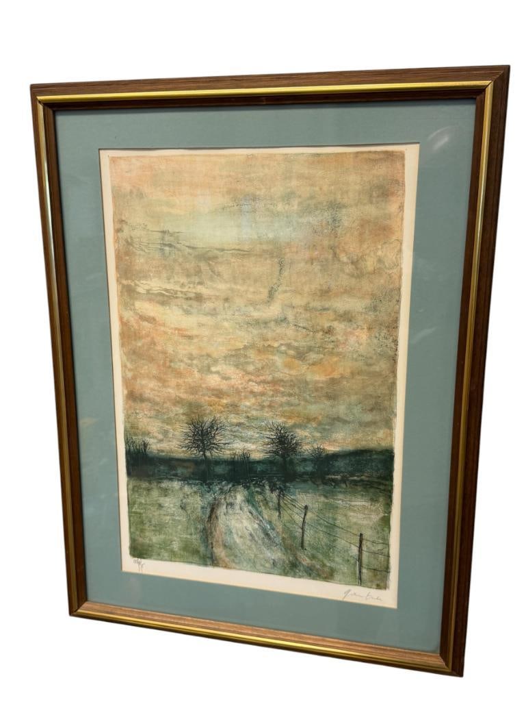 BERNARD GANTNER LIMITED EDITION LITHOGRAPH TITLED WINTER LANDSCAPE SIGNED AND NUMBERED: BERNARD GANTNER (1928-2018) FRENCH ARTIST, ART DEPICTS WINTER SCENE IN BLUE MUTED TONES,SIGNED LOWER RIGHT, FRAMED, CERTIFICATE AND ARTIST INFO ON THE BACK, FRAMED 19" X 25" FRAME