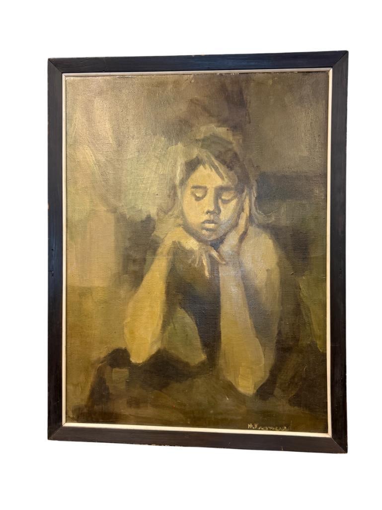 H. FRANCES 20TH CENTURY ORIGINAL OIL ON CANVAS PAINTING OF A MOODY PORTRAIT: LARGE OIL ON CANVAS PAINTING OF A MOODY PORTRAIT OF A YOUNG WOMAN IN BROWN TONES, SIGNED LOWER RIGHT, FRAMED BY LOCAL FRAME SHOP BRUNDIDGES RENO, NV, FRAMED 33 1/4" X 43 1/4" FRAME