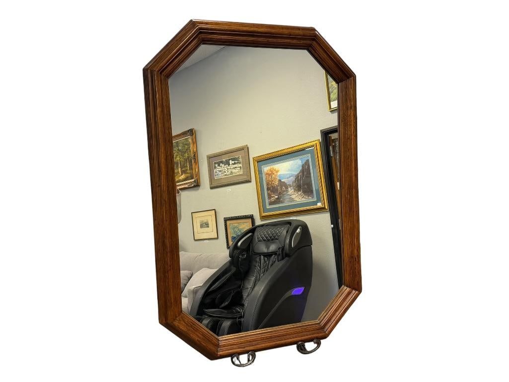 LARGE BIRCH GRAIN FRAMED DARK FINISHED MIRROR OCTOGONAL SHAPE: HEAVY 31 1/2" X 47 1/2" 