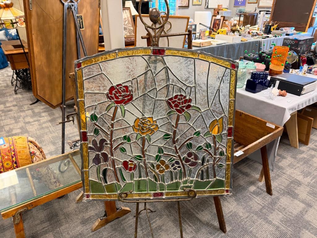VINTAGE STAINED GLASS WINDOW PANEL WITH FLORAL DESIGN AND ETCHED PANELS (1 of 11)