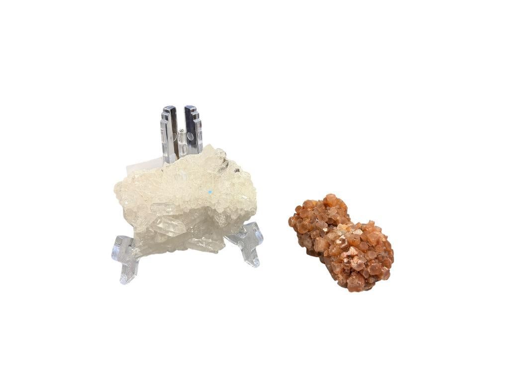 QURTZ CRYSTAL AND BROWN ARAGONITE CLUSTER GEOLOGICAL SPECIMEN GEODES: ONE INCLUDES ACRYLIC STAND BOTH APPROX. 3 1/2 " L