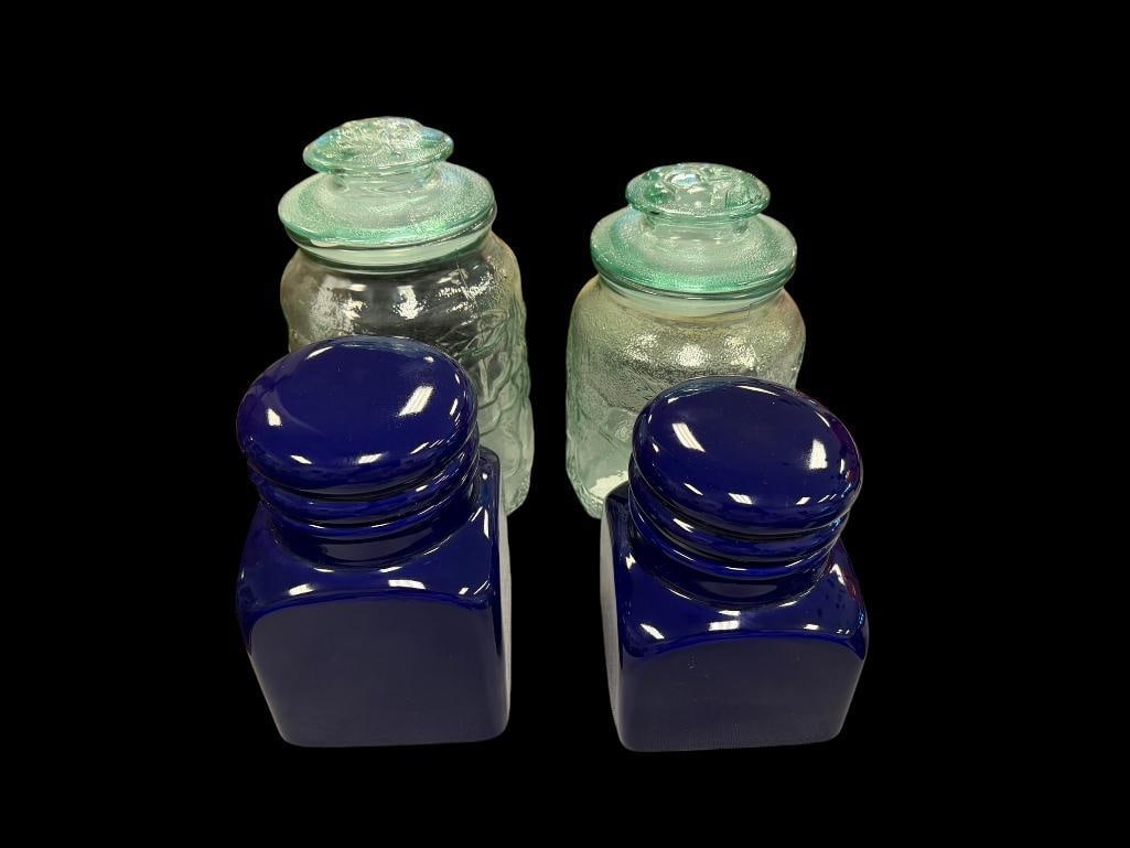 DECORATIVE KITCHEN CANISTER COBALT CERAMIC GLAZE CANISTER AND FRUIT RELIEF GLASS CANISTERS: TWO PAIRS OF CANISTERS, NO DAMAGE OR REPAIRS 6" UP TO 8 1/2" H