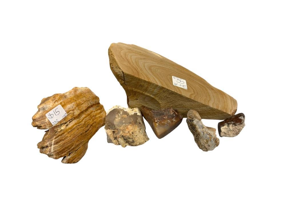 GEOLOGICAL SPECIMEN SAMPLES INCLUDING AGATE: ALL PIECES HAVE POLISHED SIDES WITH RAW EDGES 1 1/2" UP TO 8" L
