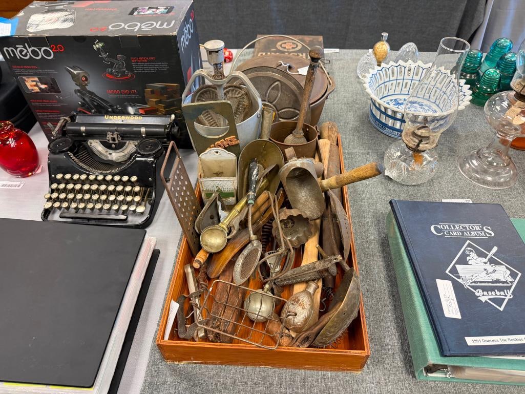 ANTIQUE AND PRIMTIVE KITCHEN UTENSILS AND GADGETS LADDLES, GRATER, SIFTER, SCOOPS, ETC - 2