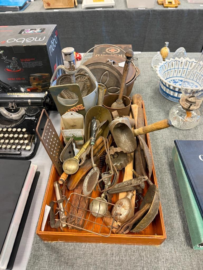 ANTIQUE AND PRIMTIVE KITCHEN UTENSILS AND GADGETS LADDLES, GRATER, SIFTER, SCOOPS, ETC - 3