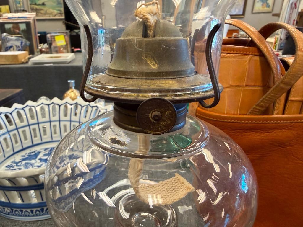 LAMPLIGHT FARMS PRESSED GLASS OIL LAMP AND VINTAGE CLEAR PRESSED GLASS OIL LAMP - 13