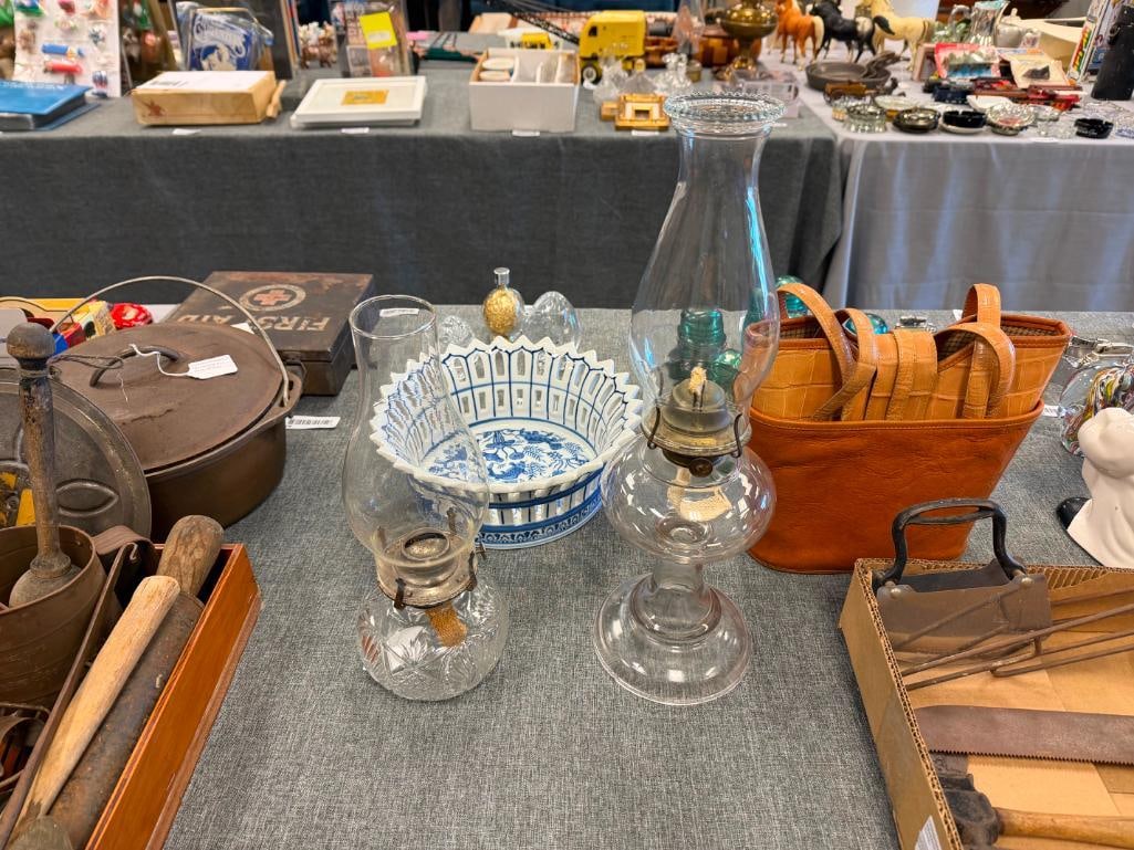 LAMPLIGHT FARMS PRESSED GLASS OIL LAMP AND VINTAGE CLEAR PRESSED GLASS OIL LAMP: BOTH WITH CLEAR GLASS CHIMNEY 13" AND 17 1/2" H