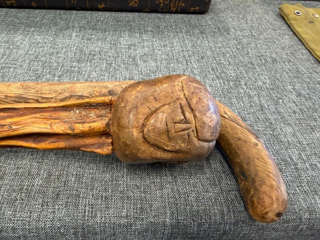VINTAGE PINE HAND CRAFTED CANE AND RUSTIC ROOT WALKING STICK WITH BALL HANDLE - 3