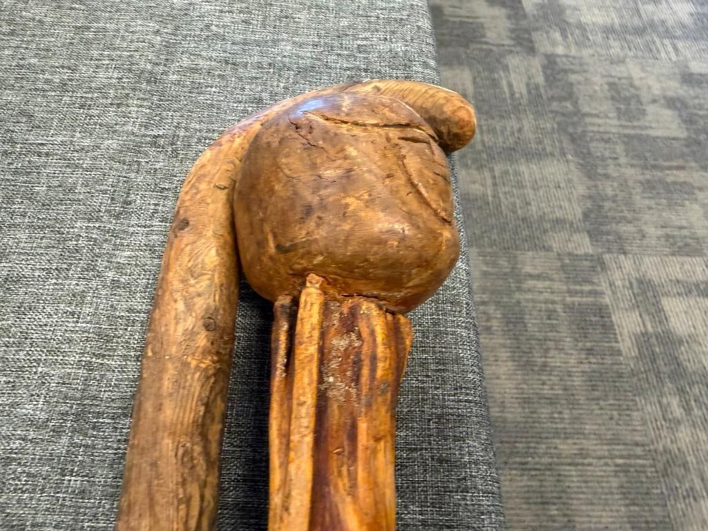 VINTAGE PINE HAND CRAFTED CANE AND RUSTIC ROOT WALKING STICK WITH BALL HANDLE - 4