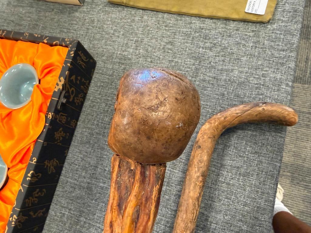 VINTAGE PINE HAND CRAFTED CANE AND RUSTIC ROOT WALKING STICK WITH BALL HANDLE - 6