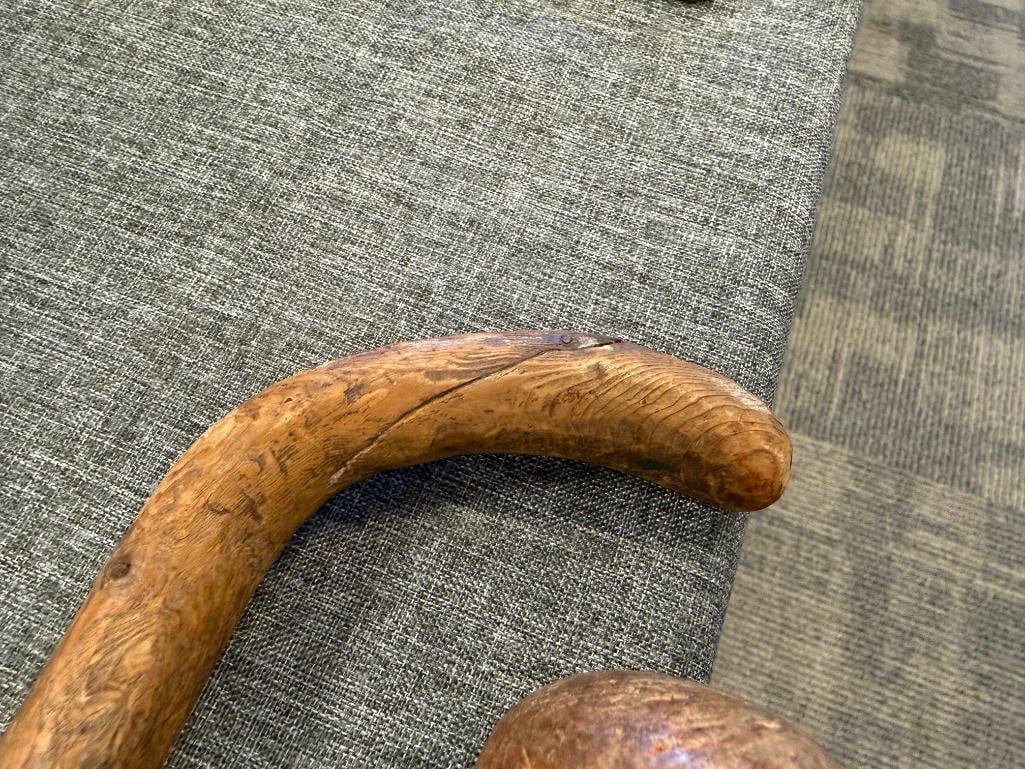 VINTAGE PINE HAND CRAFTED CANE AND RUSTIC ROOT WALKING STICK WITH BALL HANDLE - 8