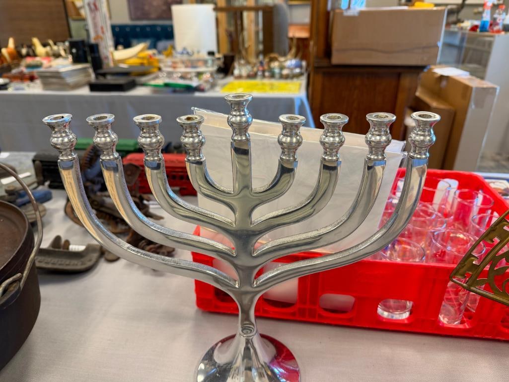 JUDAISM POLISHED ALUMINUM MENORAH WITH MOSAIC STONE INLAY - 10
