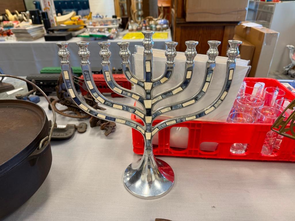 JUDAISM POLISHED ALUMINUM MENORAH WITH MOSAIC STONE INLAY: 12" L, 13 1/4" H