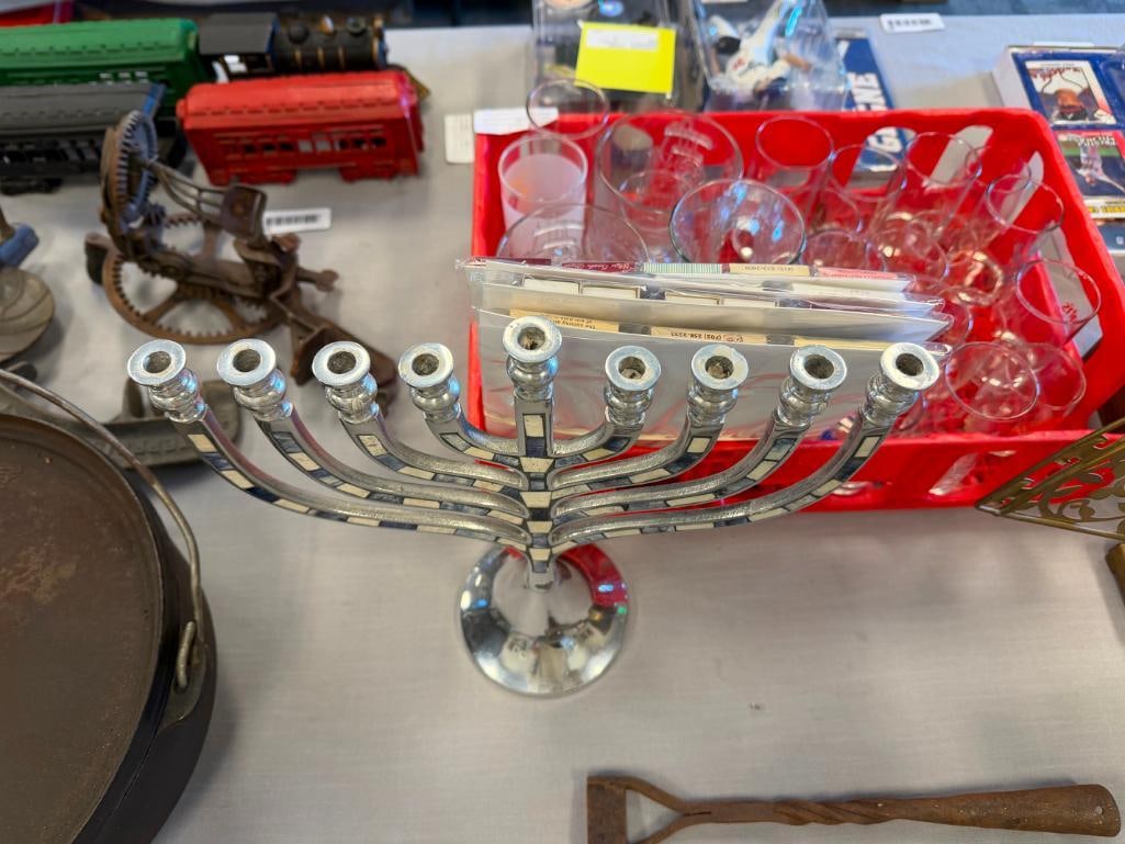 JUDAISM POLISHED ALUMINUM MENORAH WITH MOSAIC STONE INLAY - 4