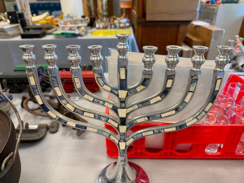 JUDAISM POLISHED ALUMINUM MENORAH WITH MOSAIC STONE INLAY - 8
