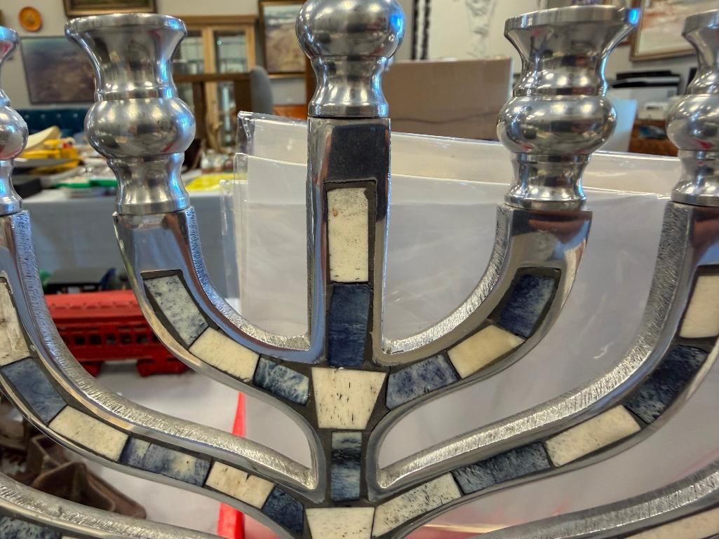 JUDAISM POLISHED ALUMINUM MENORAH WITH MOSAIC STONE INLAY - 9