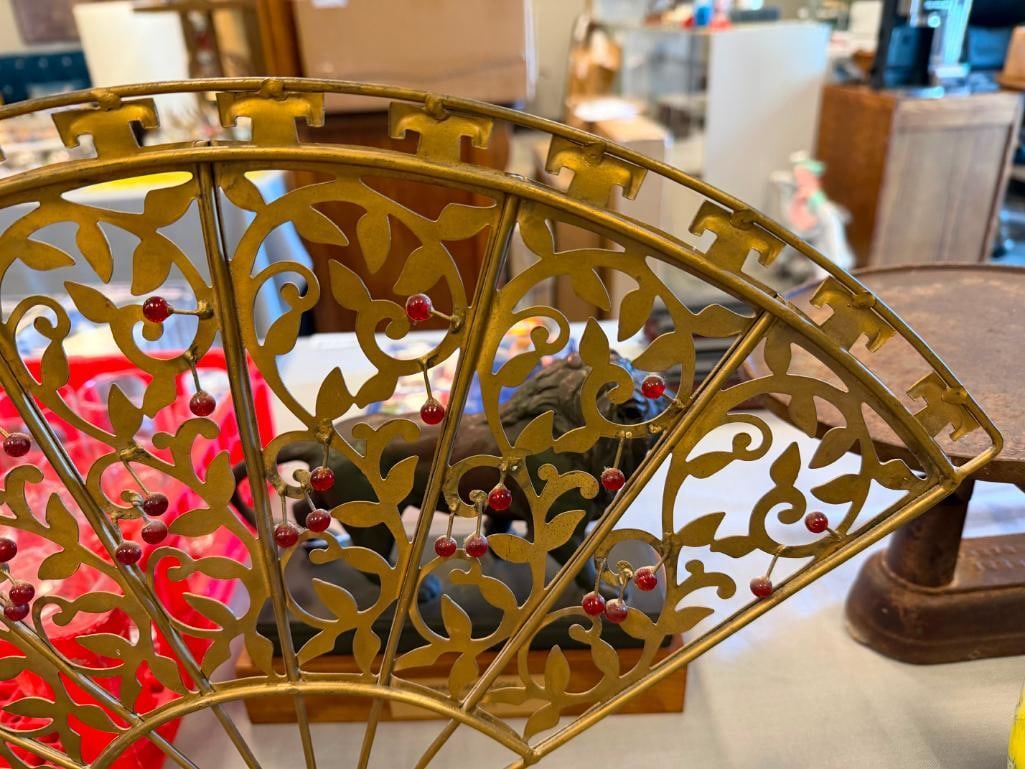 WORLD MARKET PIERCED METAL DECORATIVE FAN DECORATED WITH RED BEADS - 5