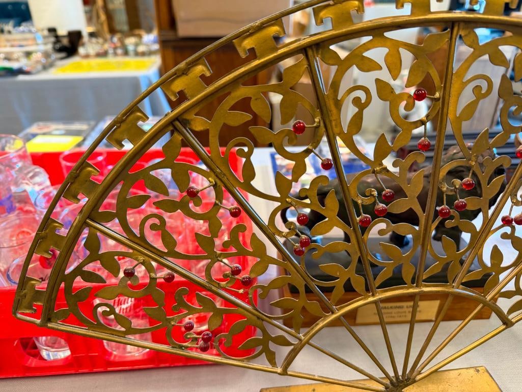 WORLD MARKET PIERCED METAL DECORATIVE FAN DECORATED WITH RED BEADS - 6