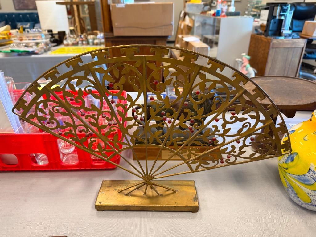 WORLD MARKET PIERCED METAL DECORATIVE FAN DECORATED WITH RED BEADS - 7