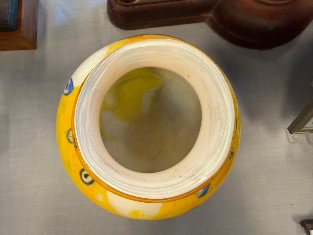 HAND BLOWN ART GLASS CASED BULBOUS VASE WITH BLUE, YELLOW, AND WHITE DESIGN - 3