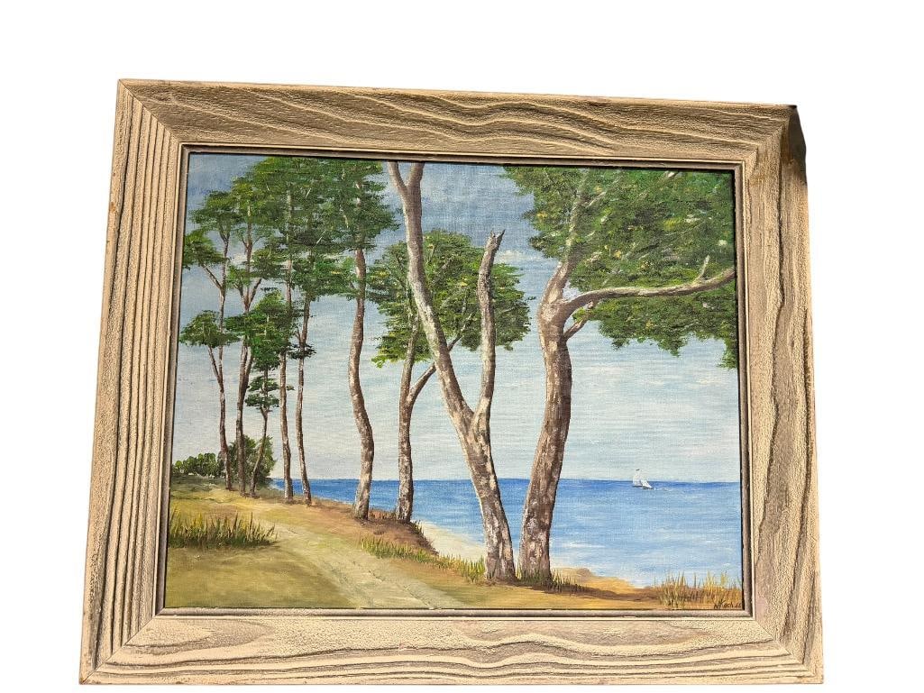 NORMAN D. KOCH " BY THE SEA " OIL ON BOARD PAITNING OF SEASCAPE BY NEVADA ARTIST: PRESIDENT OF LATIMER CLUB IN 1972, DEPICTS A SEASCAPE THROUGH THE TREES WITH SAILBOAT OUT AT SEA, SIGNED BY ARTIST IN LOWER "N KOCH 66," WOOD FRAMED, ARTIST INFO ON BACK 23" X 19" FRAME