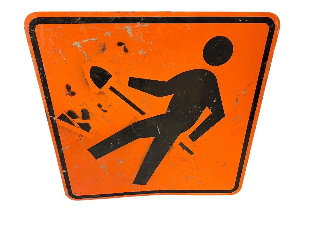 ROAD WORK AHEAD CONSTRUCTION SINGLE SIDED METAL SIGN: FAIR CONDITION 48" X 48"