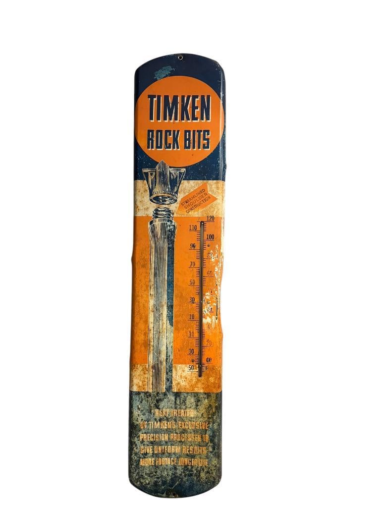 VINTAGE TIMKIN ROCK BITS ADVERTISING THERMOMETER METAL SIGN: SINGLE SIDED, RARE MID-CENTURY COLLECTIBLE, SOME RUST AND WEAR FROM BEING OUTSIDE 8" X 38"