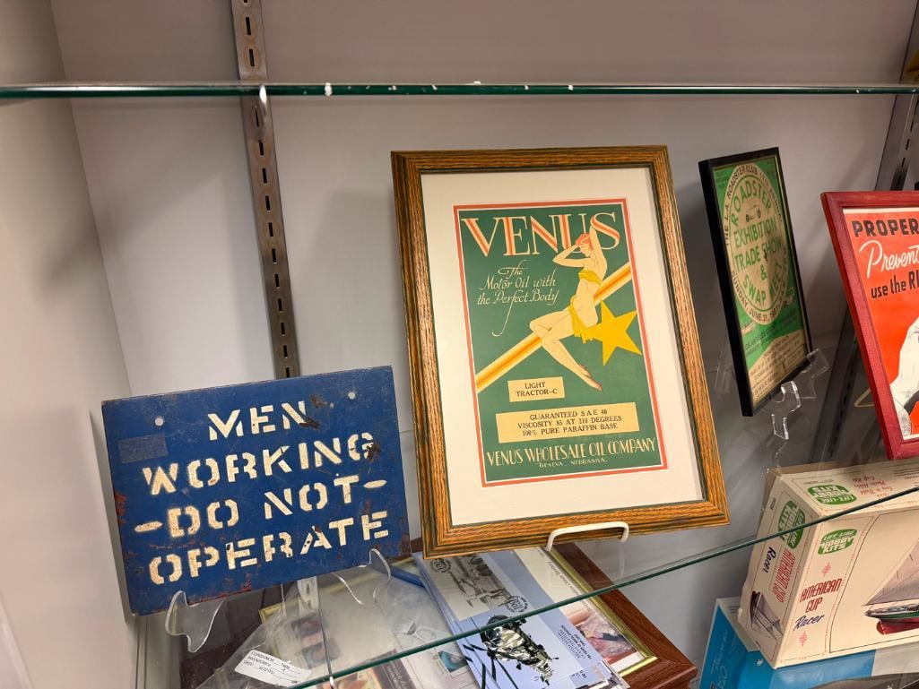 " MEN WORKING DO NOT OPERATE " METAL SIGN AND VENUS MOTOROIL ART DECO ADVERTISING PRINT - 2
