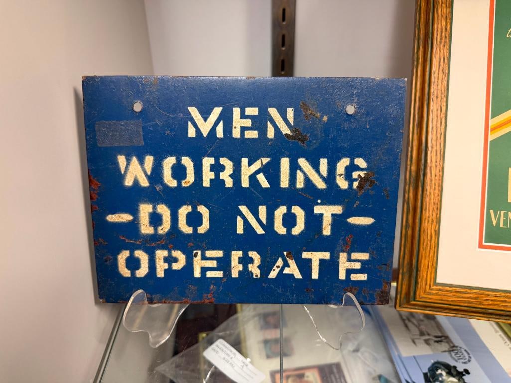" MEN WORKING DO NOT OPERATE " METAL SIGN AND VENUS MOTOROIL ART DECO ADVERTISING PRINT - 3
